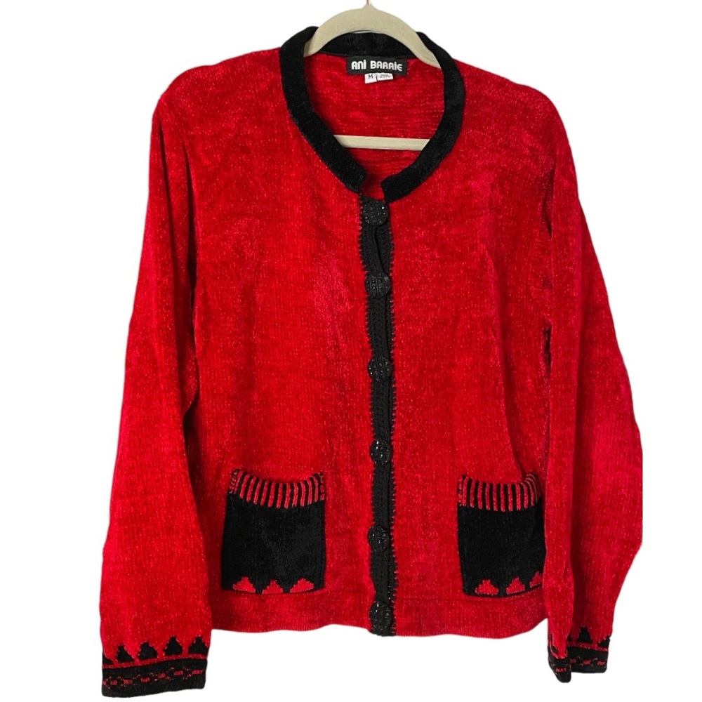 Ani Barrie Vintage Chenille Red Black Cardigan Lagenlook Sz. Medium